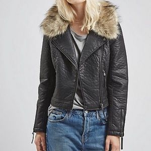 Faux Leather Moto coatw/ Removable Faux Fur Collar